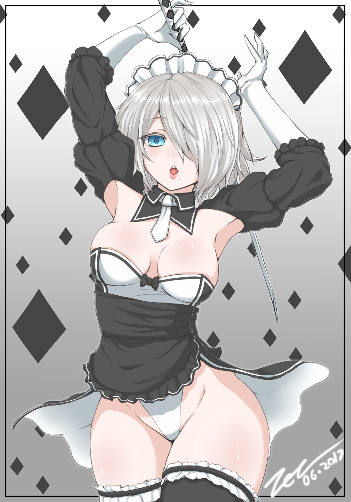 1girl, 2017, adapted_costume, alternate_costume, apron, armpits, arms_up, bangs