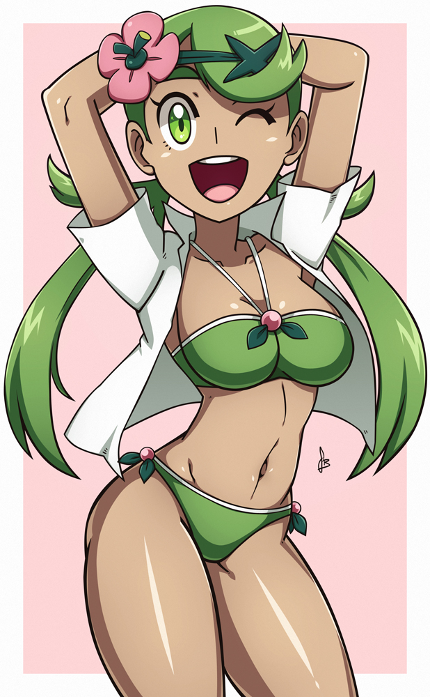 1girl, :d, arms_up, bangs, bikini, breasts, cleavage, collared_shirt