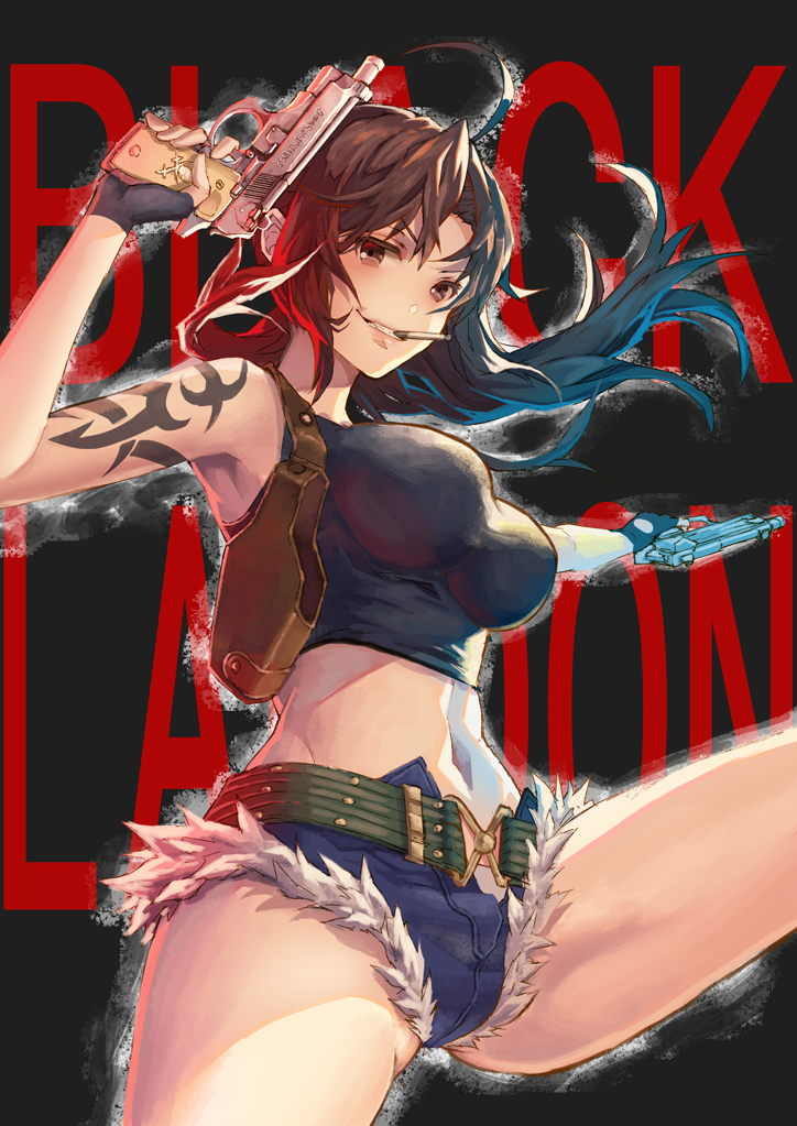 1girl, belt, black_gloves, black_lagoon, breasts, brown_eyes, brown_hair, denim