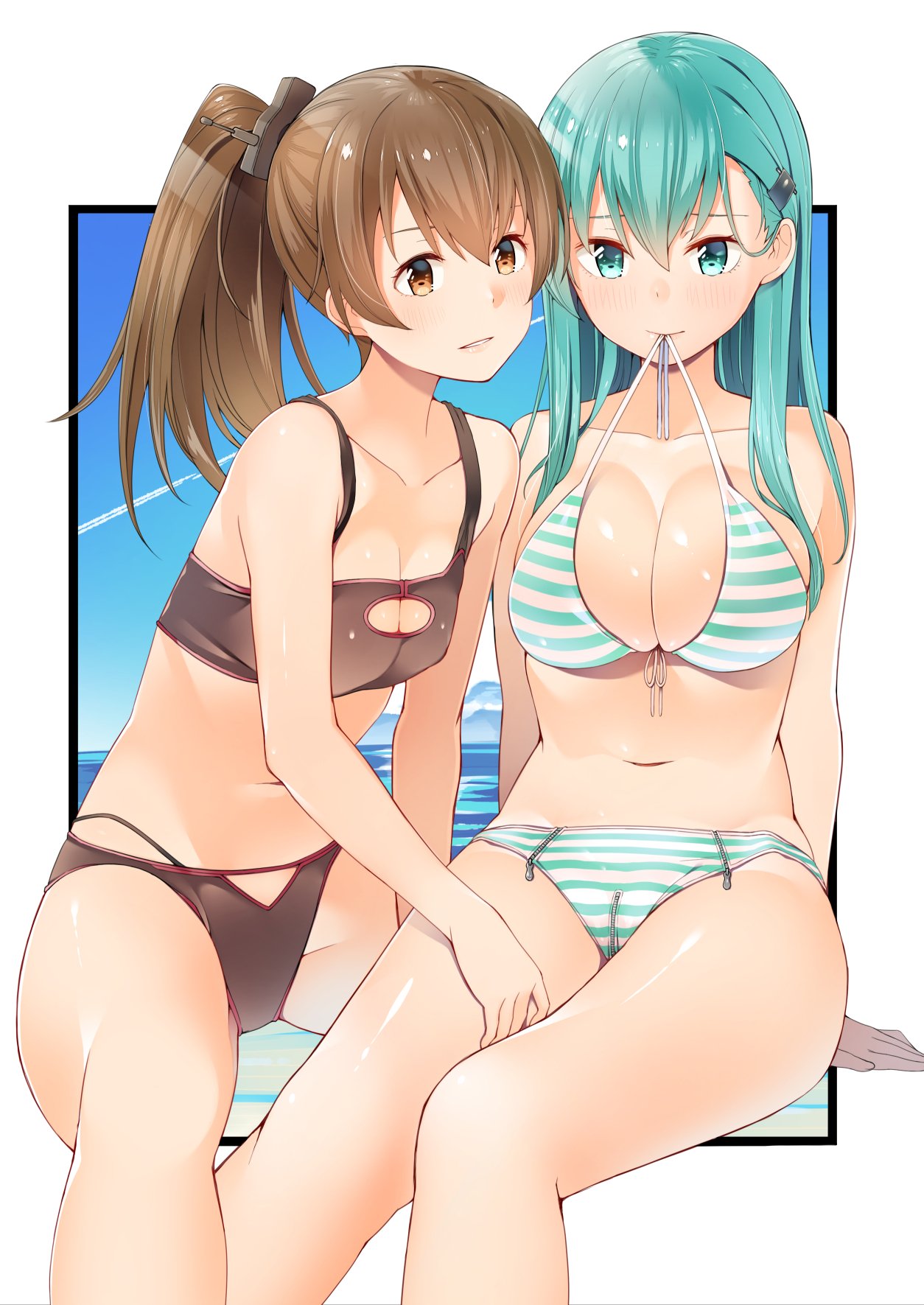 10s, 2girls, alternate_eye_color, aqua_eyes, aqua_hair, beach, between_legs, bikini