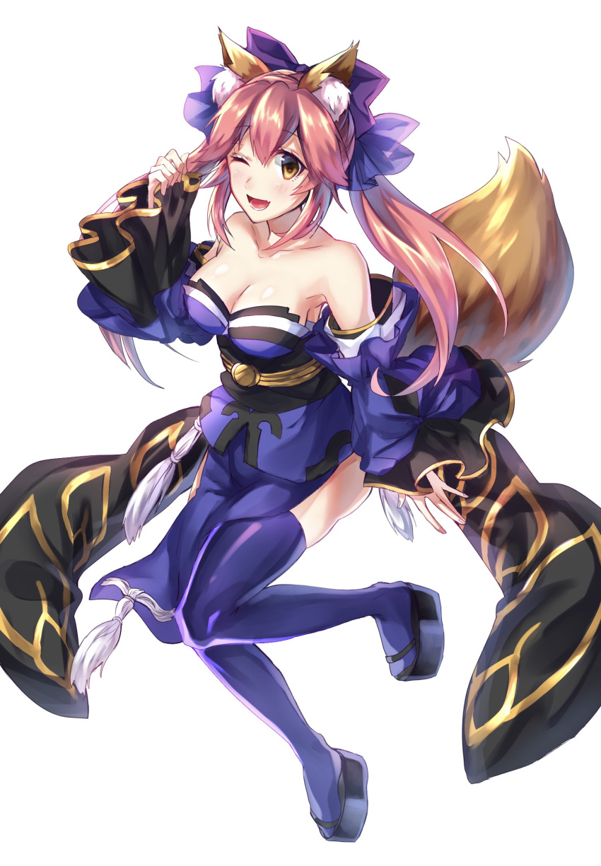 1girl, animal_ears, betti_(maron), blue_legwear, breasts, cleavage, collarbone, detached_sleeves