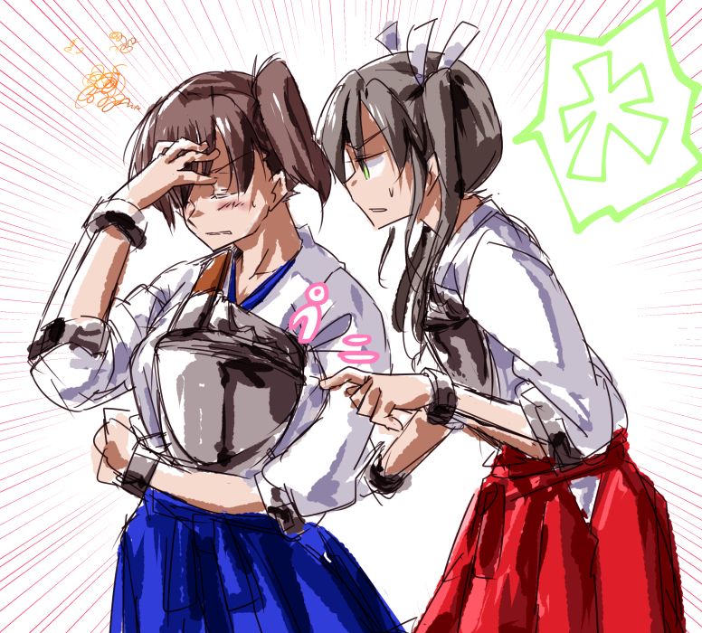 10s, brown_hair, gloves, gmgt_(gggggg3), hair_ribbon, hakama_skirt, japanese_clothes, kaga_(kantai_collection)