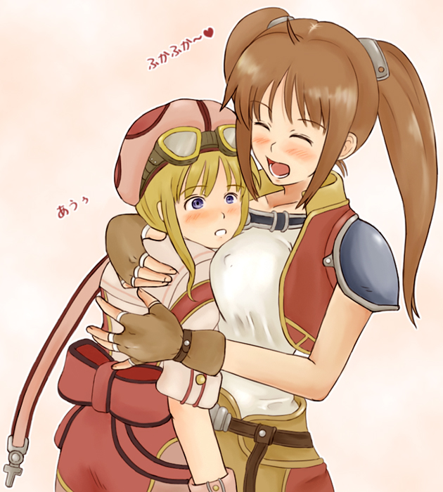 ahoge, blonde_hair, blue_eyes, blush, bow, breasts, brown_hair, closed_eyes