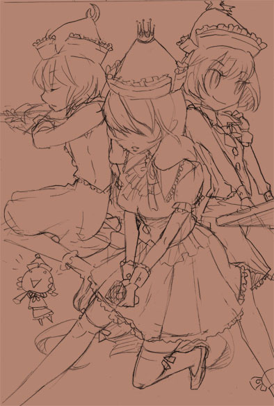 brown, brown_background, layla_prismriver, lunasa_prismriver, lyrica_prismriver, merlin_prismriver, merupo, monochrome, sketch, touhou, traditional_media