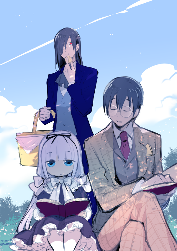 1girl, 2boys, alternate_costume, book, bow, closed_eyes, cookie, cravat