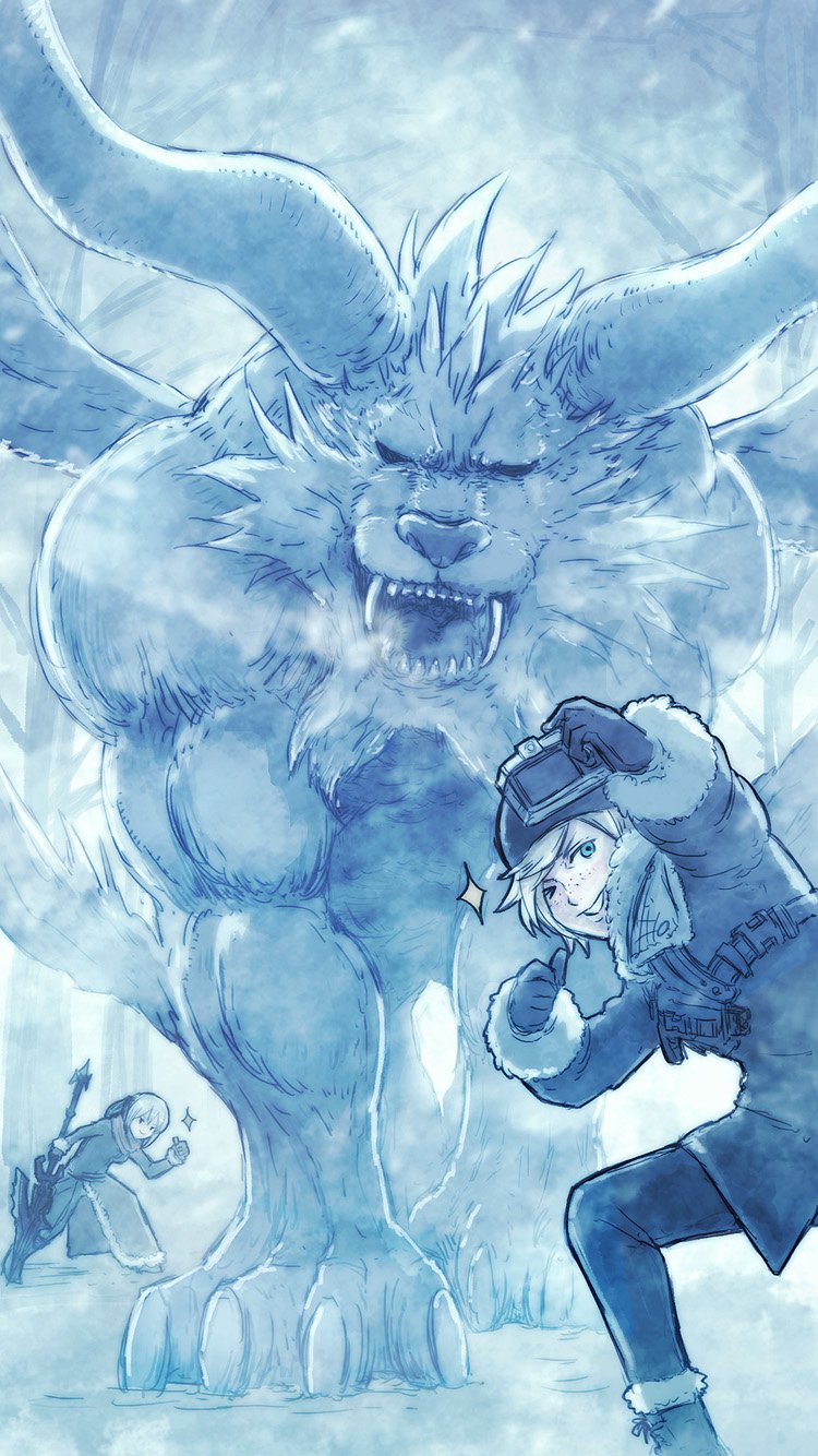 1boy, 1girl, alternate_costume, aranea_highwind, behemoth_(final_fantasy), camera, claws, coat, fangs, final_fantasy, final_fantasy_xv, freckles, fur_trim, highres, horns, lance, monster, polearm, prompto_argentum, self_shot, smile, snow, snowing, sparkle, sukua55, thumbs_up, weapon, wings, winter_clothes, winter_coat