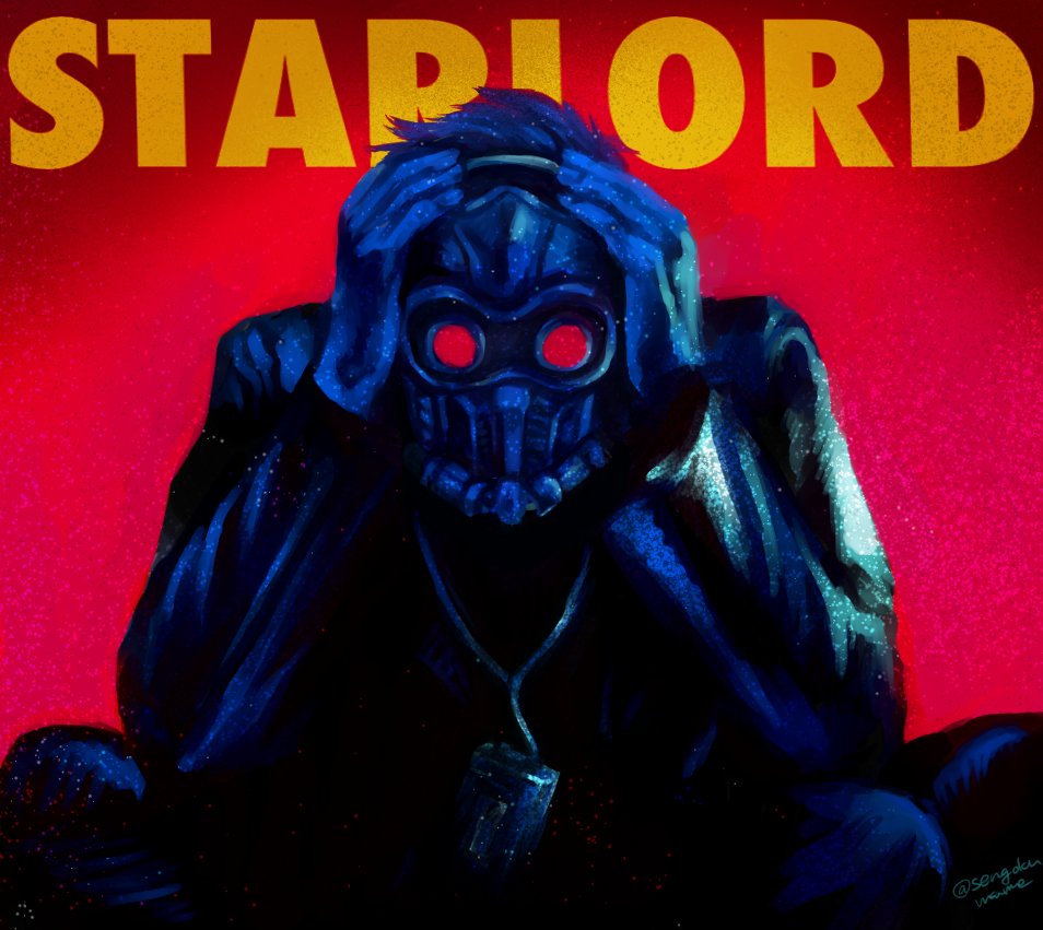 1boy, cassette_player, character_name, contrast, couch, guardians_of_the_galaxy, hands_on_own_face, male_focus, marvel, mask, parody, peter_quill, pink_background, sengokumame, short_hair, simple_background, sitting, solo, the_weeknd, twitter_username