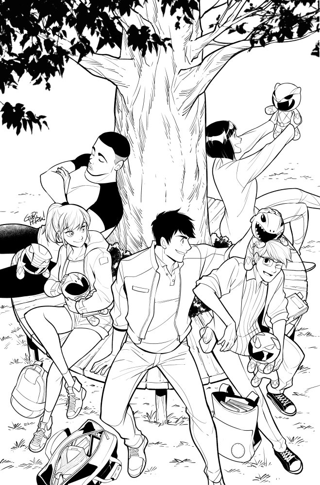 2girls, 3boys, backpack, bag, character_doll, glasses, grass, greyscale