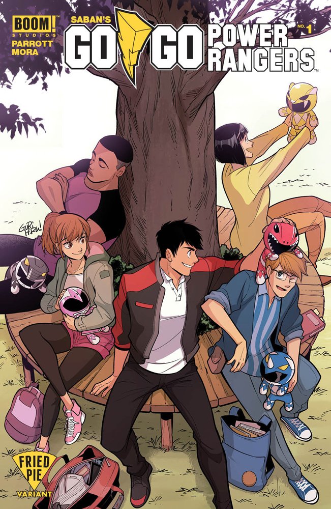 2girls, 3boys, backpack, bag, black_hair, brown_hair, character_doll, cover, cover_page, dark_skin, dark_skinned_male, glasses, grass, gurihiru, jason_lee_scott, kimberly_ann_hart, legwear_under_shorts, mighty_morphin_power_rangers, multiple_boys, multiple_girls, notebook, official_art, ponytail, power_rangers, shoes, shorts, sitting, sleeping, sneakers, tree, trini_kwan, undercut, william_cranston, zachary_taylor