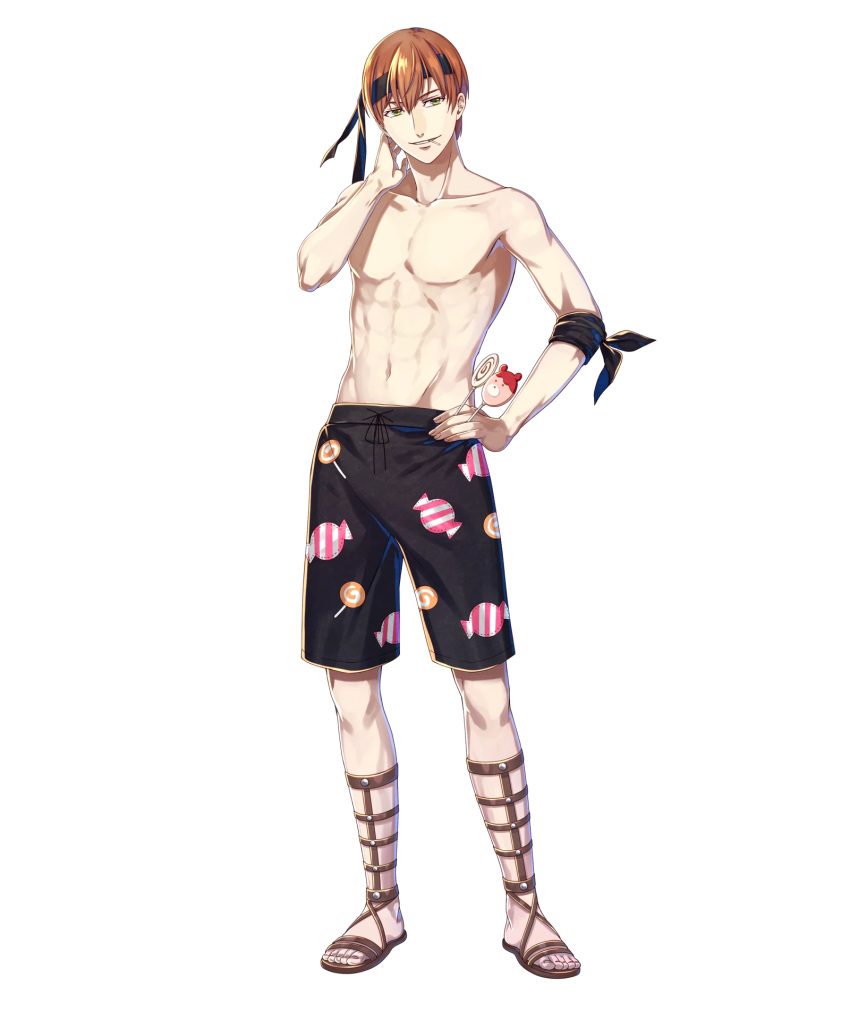 1boy, alternate_costume, candy, candy_print, fire_emblem, fire_emblem:_kakusei, fire_emblem_heroes, food, full_body, gaia_(fire_emblem), green_eyes, hako_ichiiro, hand_on_hip, highres, lollipop, male_focus, male_swimwear, official_art, redhead, sandals, smile, solo, swim_trunks, swimwear, transparent_background