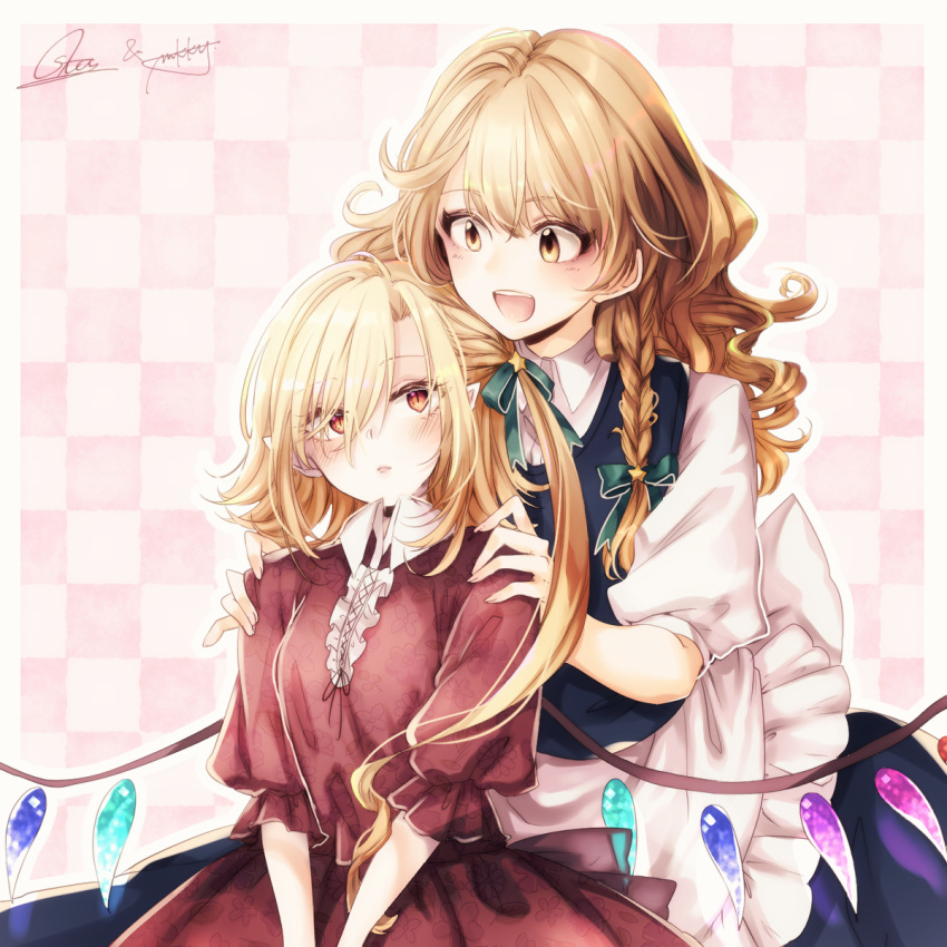 2girls, adapted_costume, apron, bangs, blonde_hair, blush, bow, braid