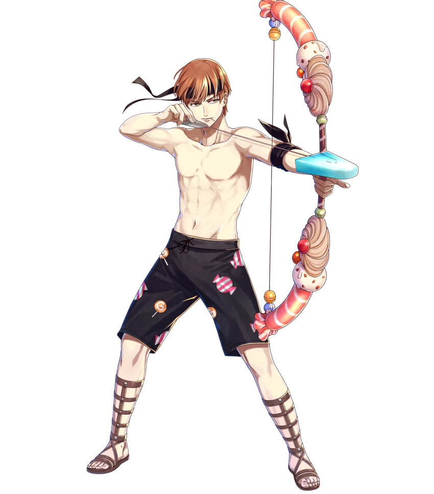 1boy, alternate_costume, arrow, bow_(weapon), candy, candy_print, drawing_bow, fire_emblem, fire_emblem:_kakusei, fire_emblem_heroes, food, food_in_mouth, full_body, gaia_(fire_emblem), green_eyes, hako_ichiiro, highres, lollipop, male_focus, male_swimwear, official_art, popsicle, redhead, sandals, solo, swim_trunks, swimwear, transparent_background, weapon, wide_stance