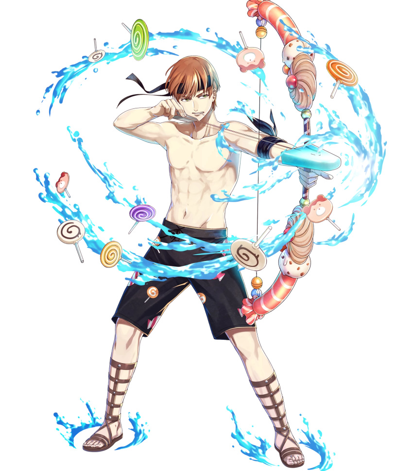 1boy, alternate_costume, arrow, bow_(weapon), candy, candy_print, drawing_bow, fire_emblem