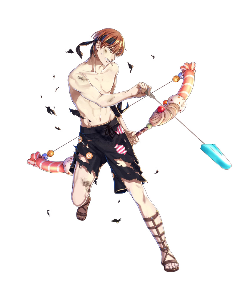 1boy, alternate_costume, arrow, bow_(weapon), candy, candy_print, clenched_teeth, fire_emblem