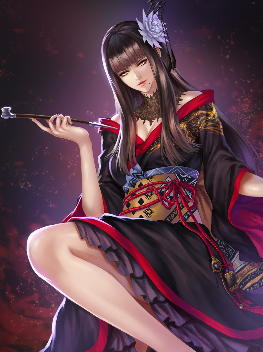1girl, black_hair, breasts, choker, cleavage, final_fantasy, final_fantasy_xiv, flower