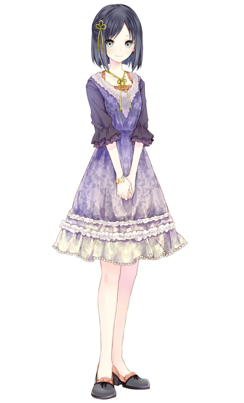 1girl, absurdres, black_hair, collarbone, dress, frilled_dress, frilled_shoes, frills