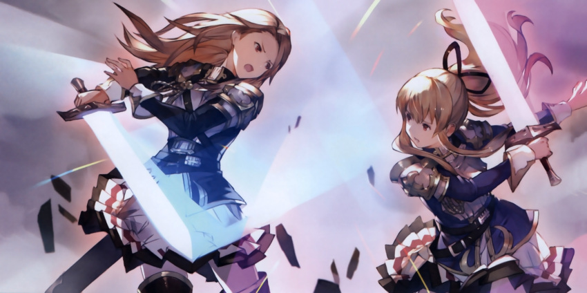 2girls, absurdres, battle, black_ribbon, blonde_hair, boots, brown_eyes, catalina_(granblue_fantasy), eye_contact, female, fighting, floating_hair, granblue_fantasy, hair_ribbon, high_ponytail, highres, holding, holding_sword, holding_weapon, long_hair, looking_at_another, minaba_hideo, miniskirt, multiple_girls, open_mouth, pleated_skirt, ribbon, sheath, skirt, spaulders, sword, sword_fight, thigh-highs, thigh_boots, very_long_hair, vira, weapon