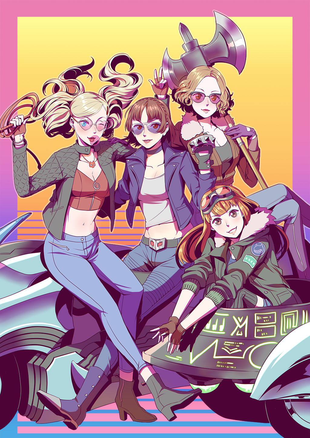 4girls, aviator_sunglasses, axe, belt, biker_clothes, blonde_hair, bomber_jacket, boots