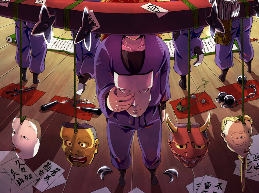 23ichiya, 5boys, hachiya_saburou, hidden_face, holding, holding_mask, indoors, kanji, mask, multiple_boys, ninja, oni_mask, rakudai_ninja_rantarou, scroll, shuriken, standing, tagme, weapon, wooden_floor