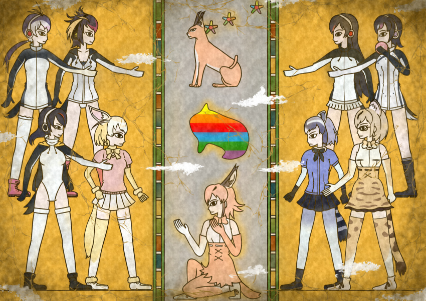 6+girls, animal_ears, black_gloves, black_hair, blonde_hair, bow, bowtie, caracal