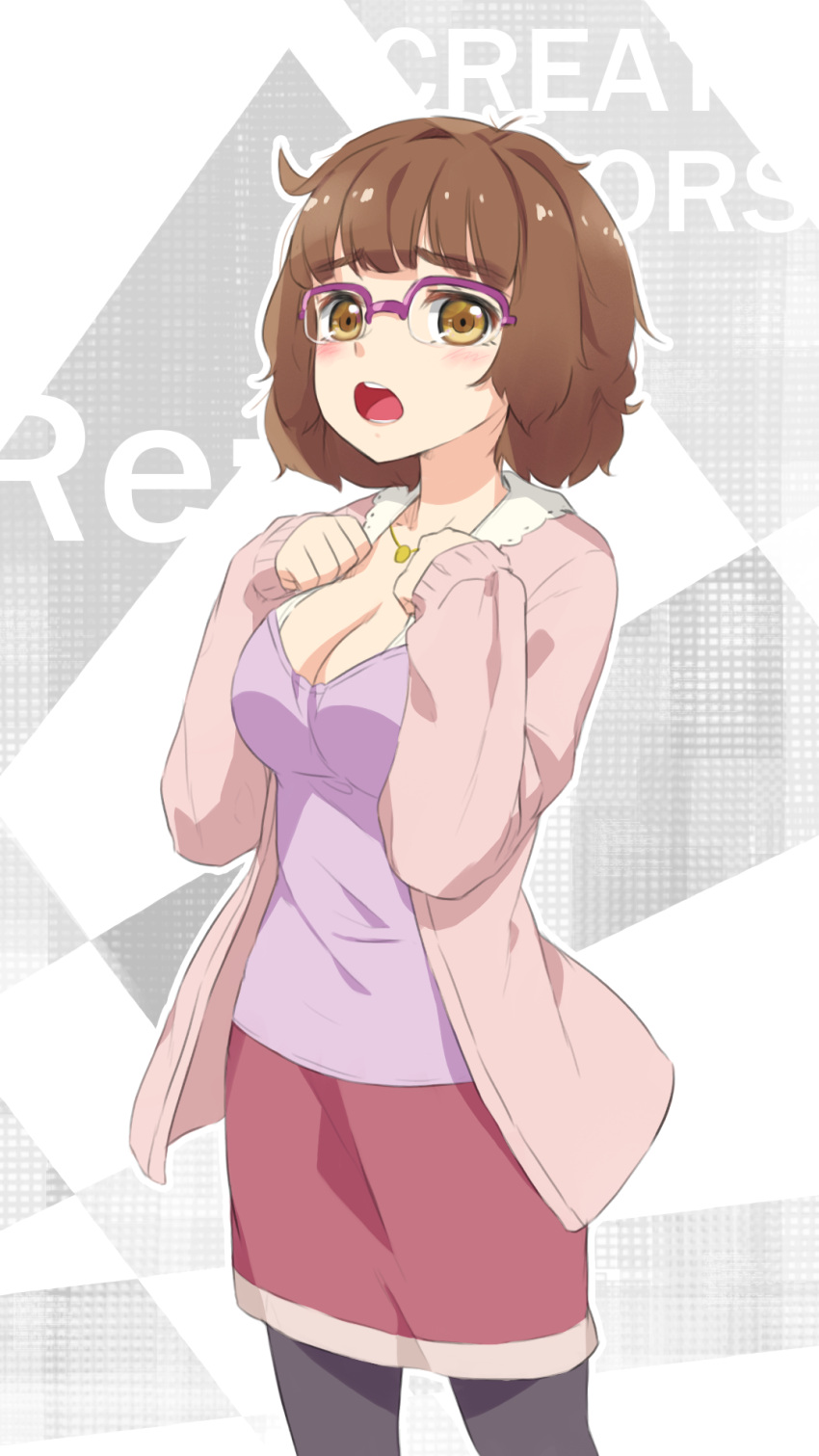 1girl, bangs, black_legwear, blunt_bangs, blush, breasts, brown_eyes, cleavage, copyright_name, glasses, highres, jewelry, koura_ayano, necklace, pantyhose, re:creators, short_hair, skirt, wet.elephant