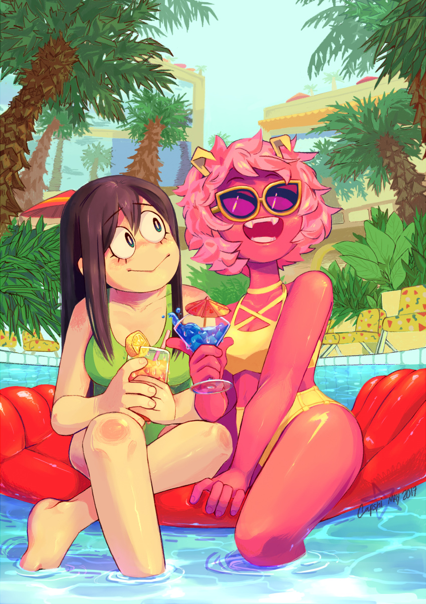 2girls, :>, absurdres, antenna_hair, ashido_mina, asui_tsuyu, bare_shoulders, bikini