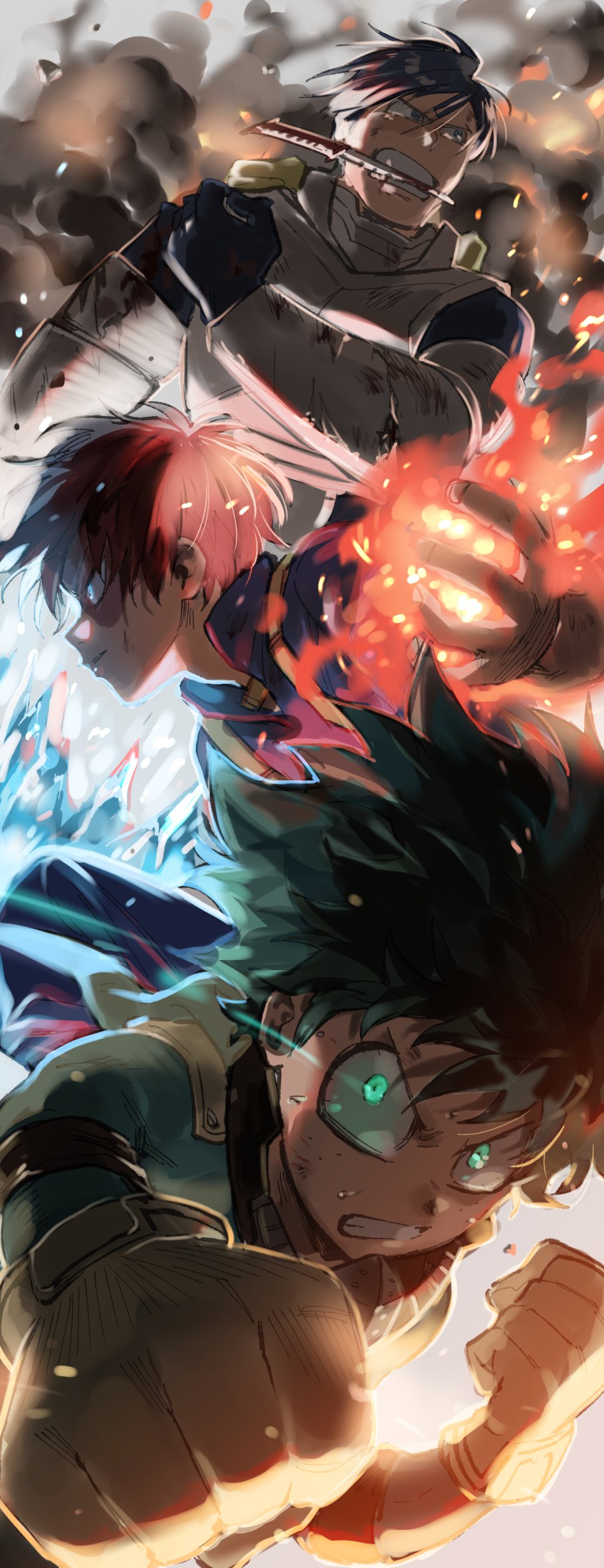 3boys, absurdres, bikkusama, blood, blue_eyes, blue_hair, bodysuit, boku_no_hero_academia, clenched_teeth, fire, from_side, glass, gloves, glowing, glowing_eyes, green_eyes, green_hair, hand_on_shoulder, highres, ice, iida_tenya, jacket, knife, looking_back, midoriya_izuku, multicolored_hair, multiple_boys, sideburns, smoke, sweat, teeth, todoroki_shouto, track_jacket, two-tone_hair