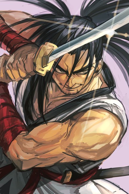 1boy, bandage, bangs, black_hair, dougi, hankuri, haoumaru, holding, holding_sword, holding_weapon, japanese_clothes, katana, long_hair, male_focus, muscle, ponytail, samurai, samurai_spirits, smile, snk, solo, sword, weapon