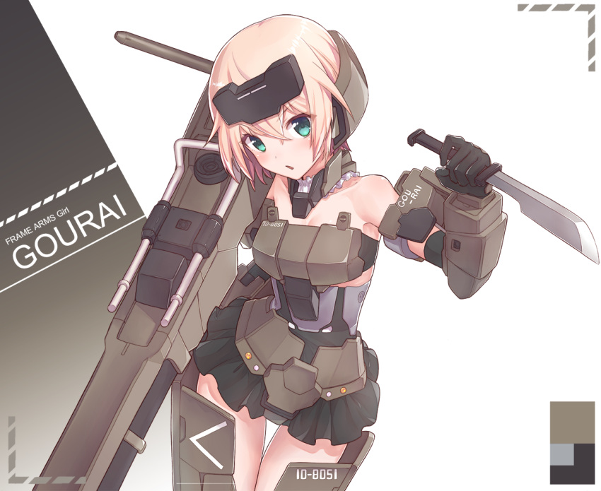 1girl, armor, bare_shoulders, black_gloves, blonde_hair, blue_eyes, blush, cannon