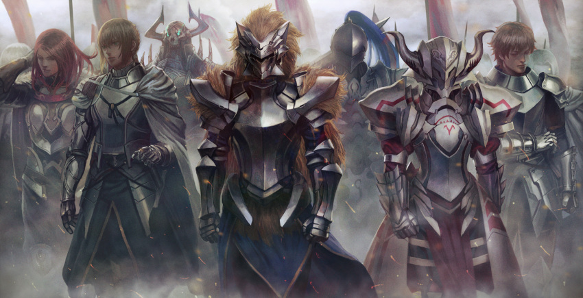 2girls, 6+boys, armor, armored_dress, arms_at_sides, army, artoria_pendragon_lancer_(fate/grand_order), bangs, banner, bedivere_(fate/grand_order), berserker_(fate/zero), black_armor, blonde_hair, blue_dress, blue_eyes, braid, breastplate, cape, clenched_hands, closed_eyes, closed_mouth, clouds, cloudy_sky, commentary_request, dress, fate/extra, fate/grand_order, fate/zero, fate_(series), faulds, full_armor, fur-trimmed_cape, fur_trim, gauntlets, gawain_(fate/extra), glowing, glowing_eyes, green_eyes, hand_in_hair, helm, helmet, highres, holding, holding_sword, holding_weapon, horned_helmet, kakotomirai, king_hassan_(fate/grand_order), knights_of_the_round_table_(fate), lancelot_(fate/zero), leonidas_(fate/grand_order), lineup, loincloth, long_hair, long_sleeves, looking_away, multiple_boys, multiple_girls, outdoors, over_shoulder, pauldrons, redhead, saber, saber_of_red, serious, skull, skull_mask, sky, spaulders, standing, sword, sword_over_shoulder, tristan_(fate/grand_order), weapon, weapon_over_shoulder, white_cape
