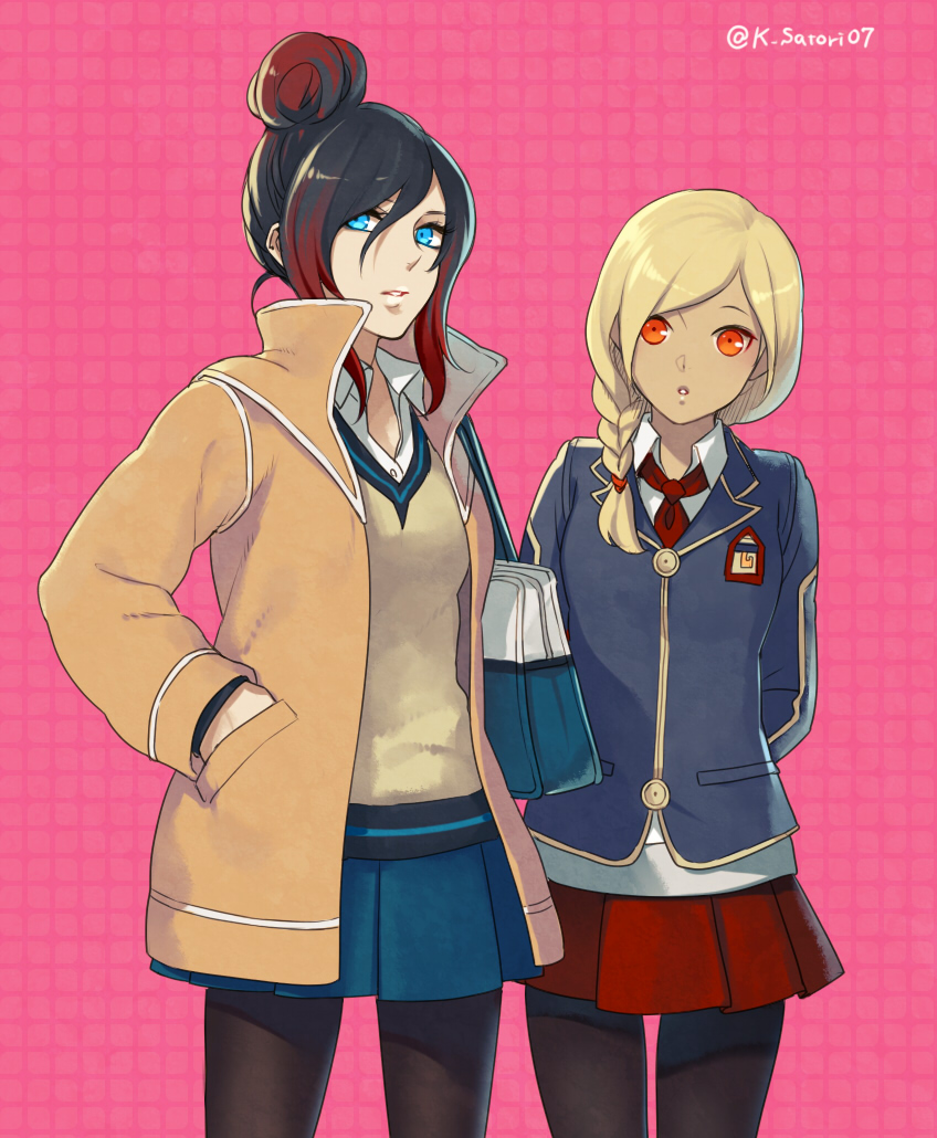 2girls, alternate_costume, alternate_hairstyle, arms_behind_back, black_hair, black_legwear, blonde_hair, blue_eyes
