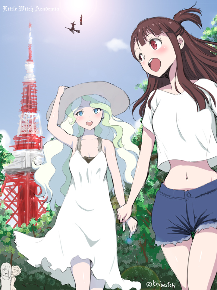 6+girls, :d, alternate_costume, bare_shoulders, blue_sky, blush, breasts, brown_hair