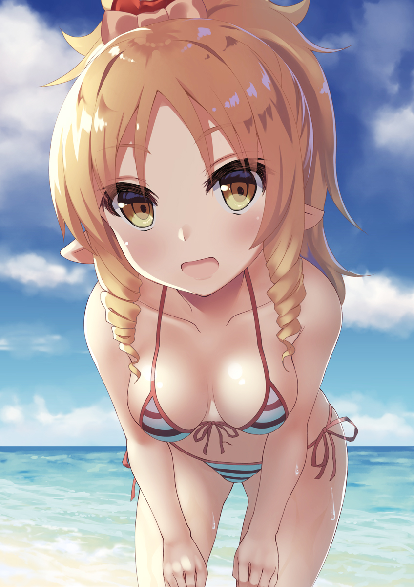 1girl, bangs, bare_legs, bare_shoulders, bending_forward, bikini, blonde_hair, bow