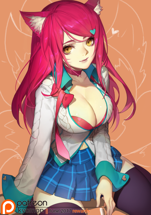1girl, academy_ahri, ahri, animal_ears, bangs, belly_peek, black_legwear, blue_skirt