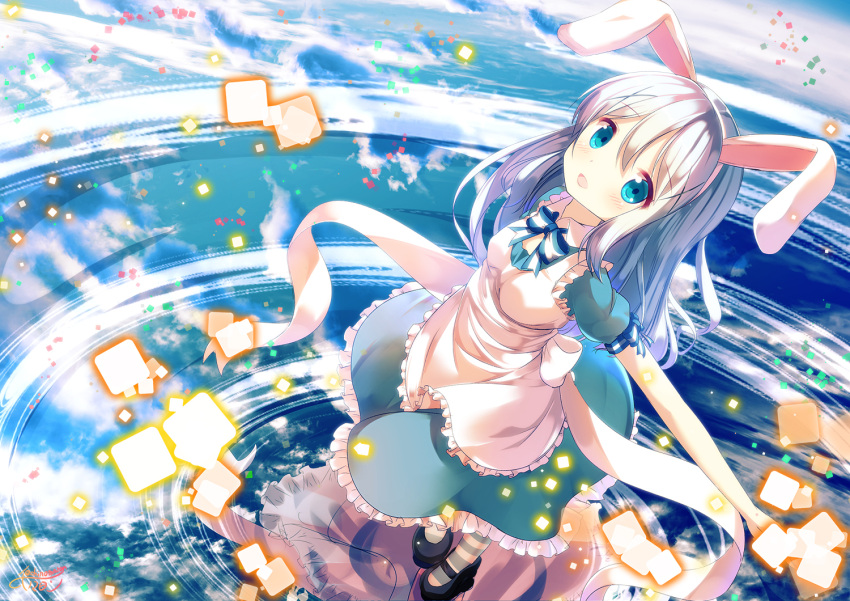 1girl, :d, alice_(wonderland), alice_(wonderland)_(cosplay), alice_in_wonderland, animal_ears, apron, artist_name