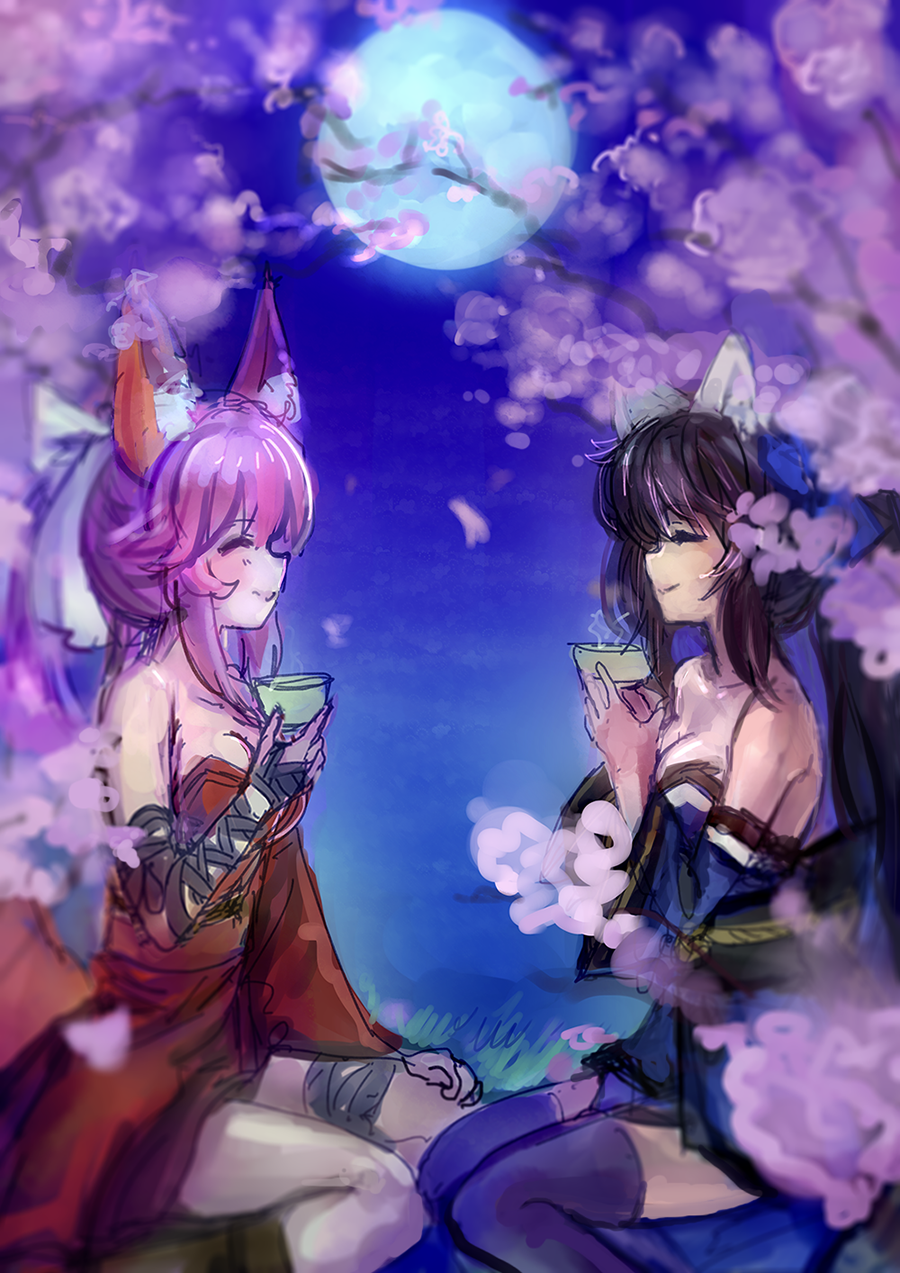 2girls, animal_ears, black_hair, boots, breasts, cat_ears, ch2o, cherry_blossoms