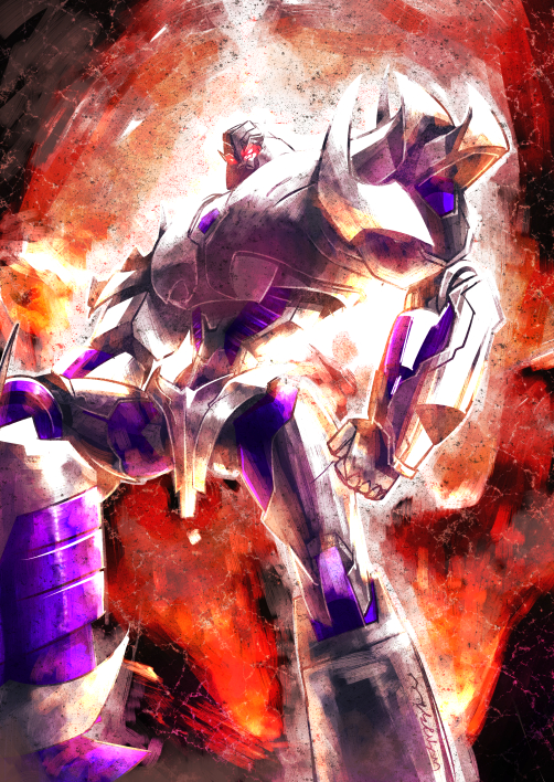 1boy, artist_request, burning, decepticon, full_body, glowing, glowing_eyes, insignia
