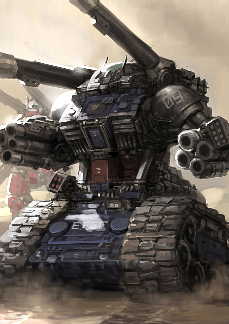 cannon, caterpillar_tracks, damaged, earth_federation, emblem, gun, guncannon, gundam, guntank, machine_gun, mecha, mobile_suit_gundam, realistic, rickyryan, science_fiction, sketch, weapon