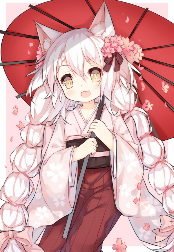 1girl, alternate_costume, bow, braid, brown_ribbon, eyelashes, fang, floral_print