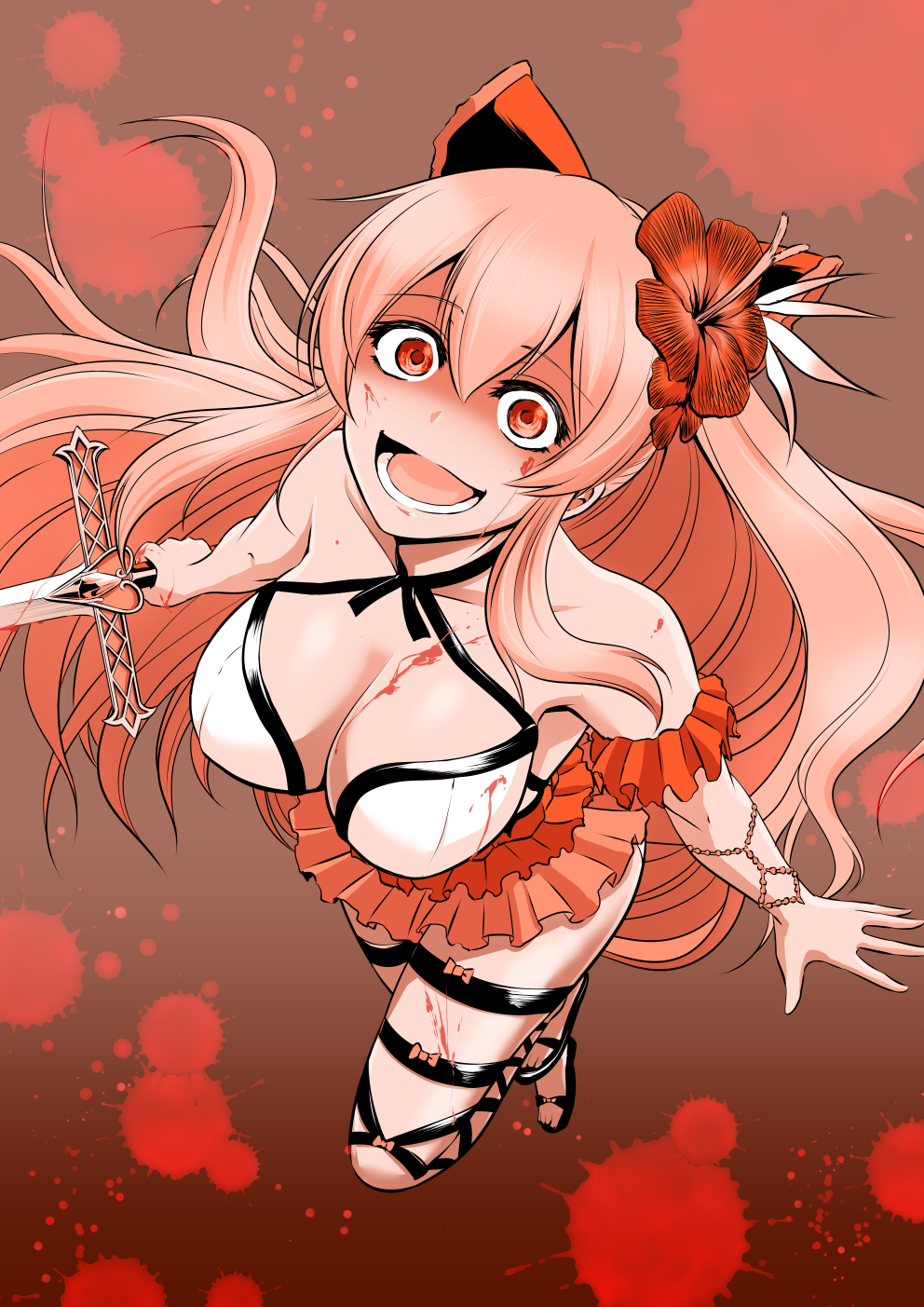 1girl, :d, armpits, arms_at_sides, bare_shoulders, bikini, blood, blood_on_breasts