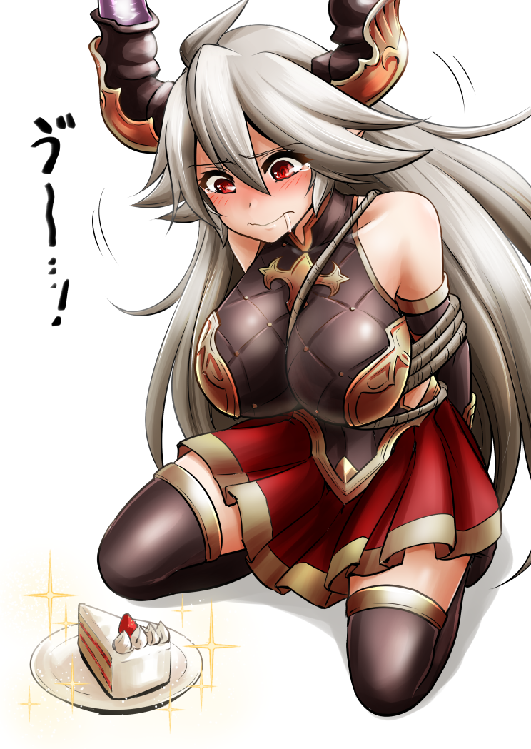 1girl, bare_shoulders, black_legwear, black_shirt, blush, breastplate, breasts, cake