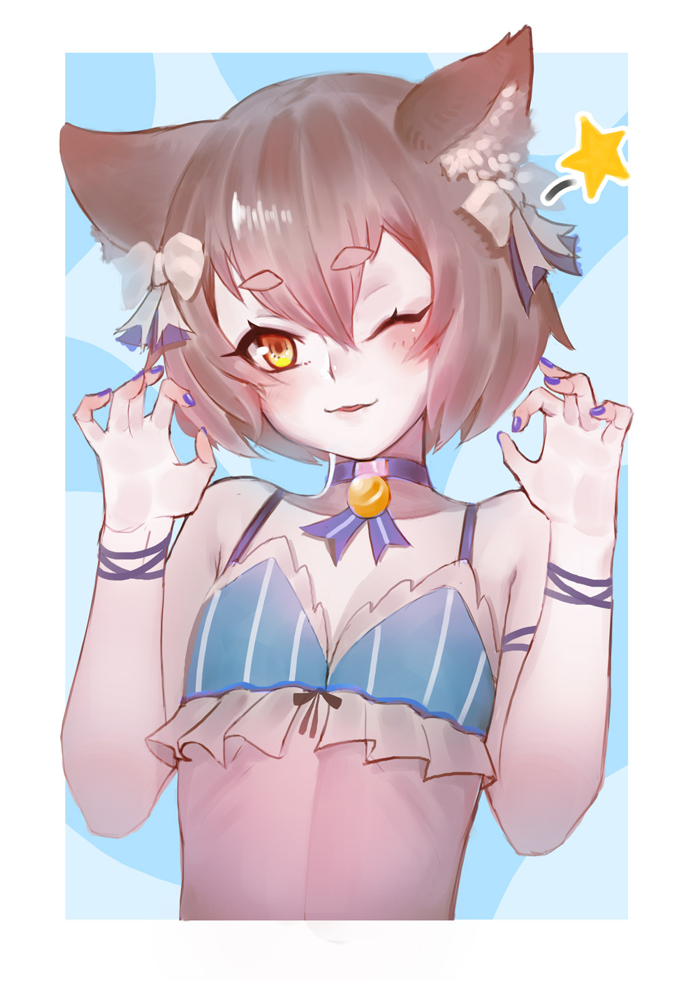 1boy, ;3, animal_ears, arm_ribbon, bangs, bare_arms, bare_shoulders, black_bow
