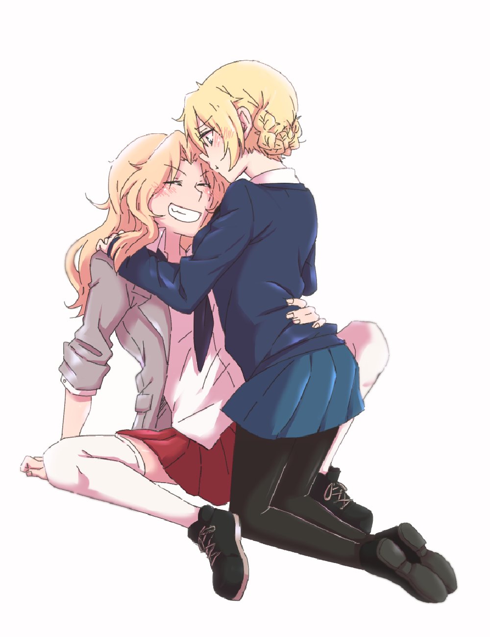 2girls, arm_support, between_legs, black_legwear, blonde_hair, blush, darjeeling, hands_on_another's_shoulders