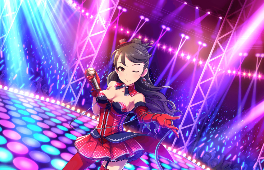 1girl, artist_request, black_hair, breasts, brown_eyes, cleavage, earrings, elbow_gloves