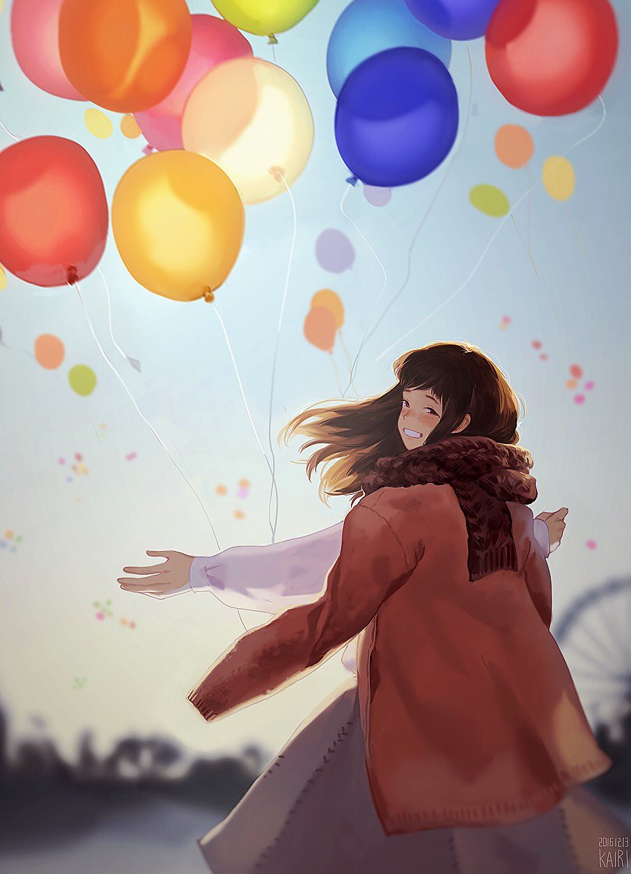 1girl, artist_name, balloon, blue_sky, blurry, brown_hair, brown_jacket, commentary_request, dated, day, ferris_wheel, from_behind, grey_skirt, highres, landscape, long_hair, long_sleeves, looking_at_viewer, looking_back, original, scarf, shirt, skirt, sky, solo, standing, sunlight, unabara_kairi, watermark, white_shirt