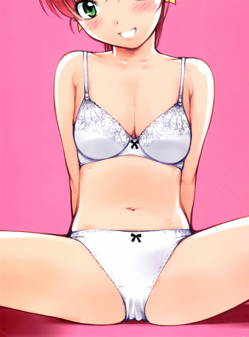 1girl, absurdres, arms_behind_back, bow, bow_bra, bow_panties, bra, breasts, green_eyes, grin, hayase_mina, highres, kiriyama_taichi, looking_at_viewer, navel, panties, pink_background, pink_hair, sexfriend, simple_background, small_breasts, smile, solo, spread_legs, underwear, underwear_only, white_bra, white_panties