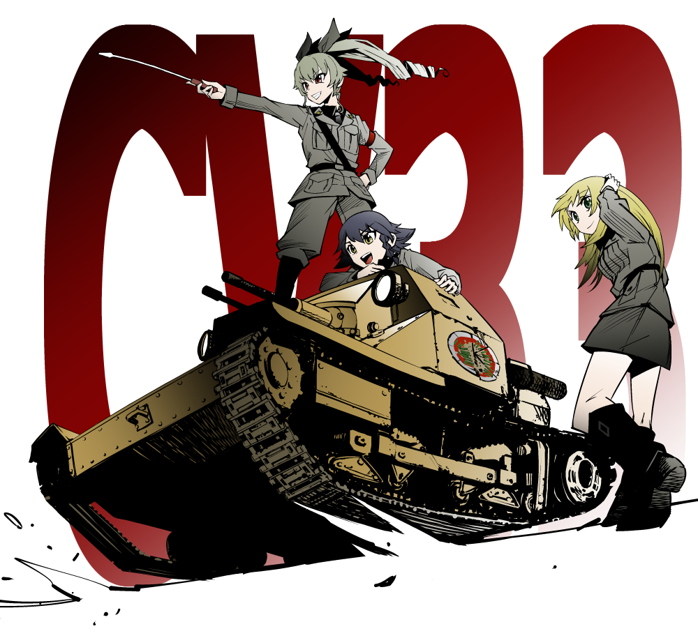 3girls, anchovy, anzio_(emblem), anzio_military_uniform, bangs, belt, black_boots, black_hair, black_necktie, black_ribbon, black_shirt, blonde_hair, boots, braid, brown_eyes, carpaccio, carro_veloce_cv-33, closed_mouth, dress_shirt, drill_hair, driving, emblem, girls_und_panzer, green_eyes, green_hair, grey_jacket, grey_pants, grey_skirt, grin, ground_vehicle, hair_ribbon, hand_on_hip, jacket, knee_boots, kome_(kakalow), long_hair, long_sleeves, military, military_uniform, military_vehicle, miniskirt, motor_vehicle, multiple_girls, necktie, open_mouth, pants, pencil_skirt, pepperoni_(girls_und_panzer), pointing, red_eyes, ribbon, riding_crop, shirt, short_hair, shoulder_belt, side_braid, skirt, smile, standing, tank, twin_drills, twintails, uniform, wind