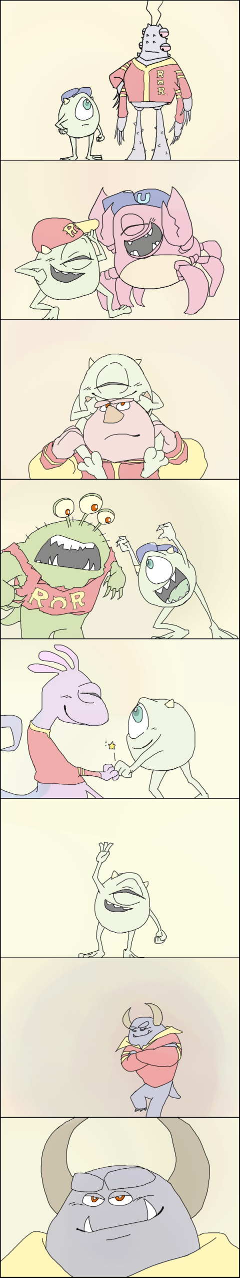 6+boys, absurdres, baseball_cap, cardigan, chet_alexander, chip_goff, hat, highres, horns, javier_rios, johnny_worthington, lizard_tail, long_image, michael_wazowski, monsters_inc., monsters_university, multiple_boys, one-eyed, randall_boggs, reggie_jacobs, roar_omega_roar, sharp_teeth, slit_pupils, smile, tail, tall_image, teeth, what_if, younger