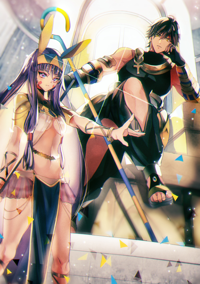 1boy, 1girl, backlighting, bangs, black_hair, bracelet, bracer, breasts