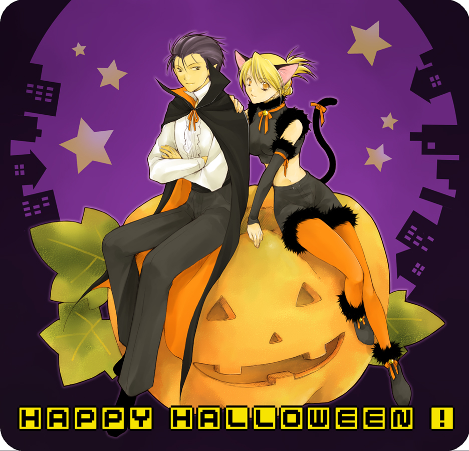 fullmetal_alchemist, halloween, midriff, orange_legwear, pantyhose, pumpkin, pumpkins, riza_hawkeye